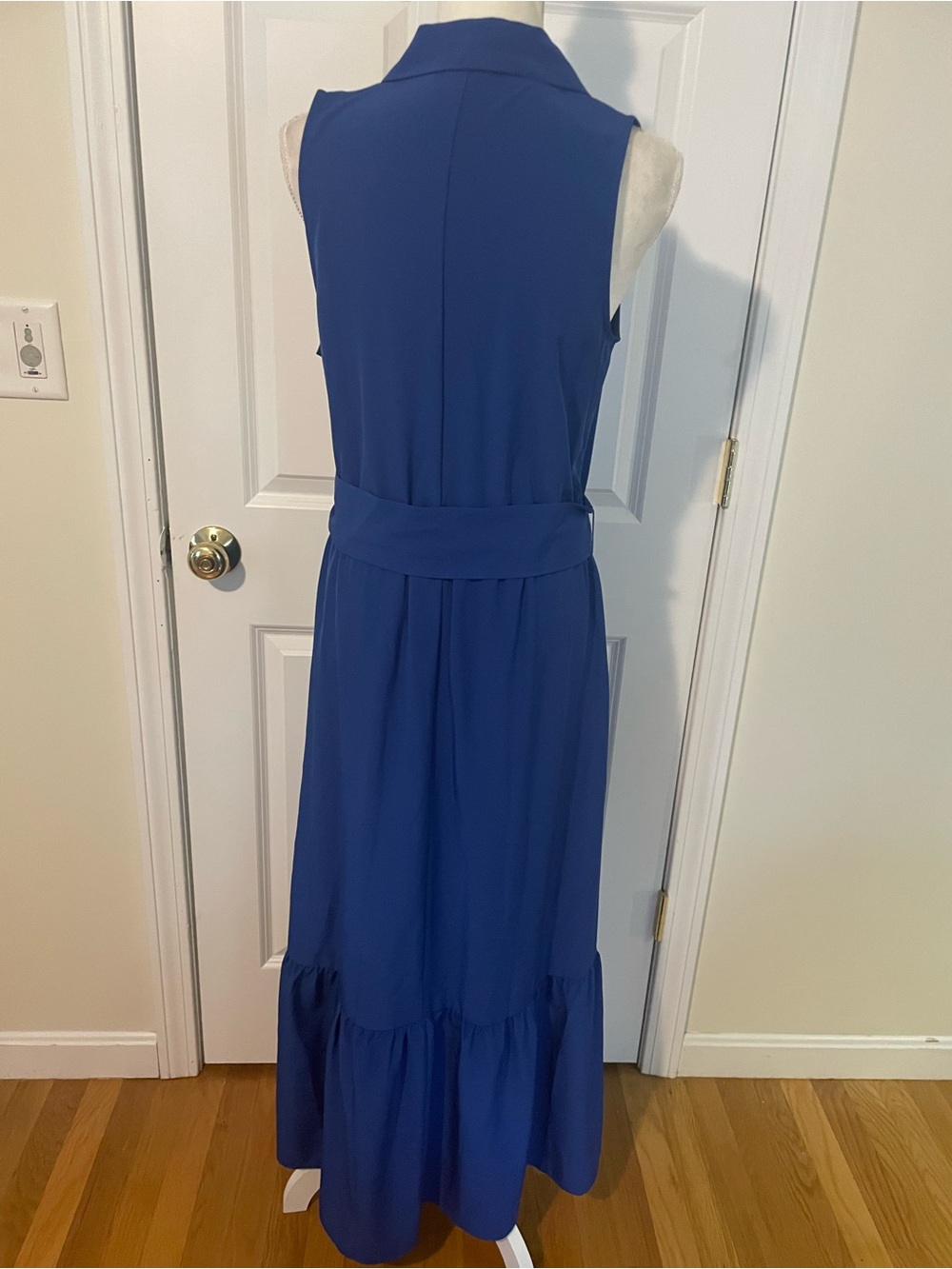 Sleeveless Blue Button-Front Maxi Dress with Waist Tie - Picture 6 of 10